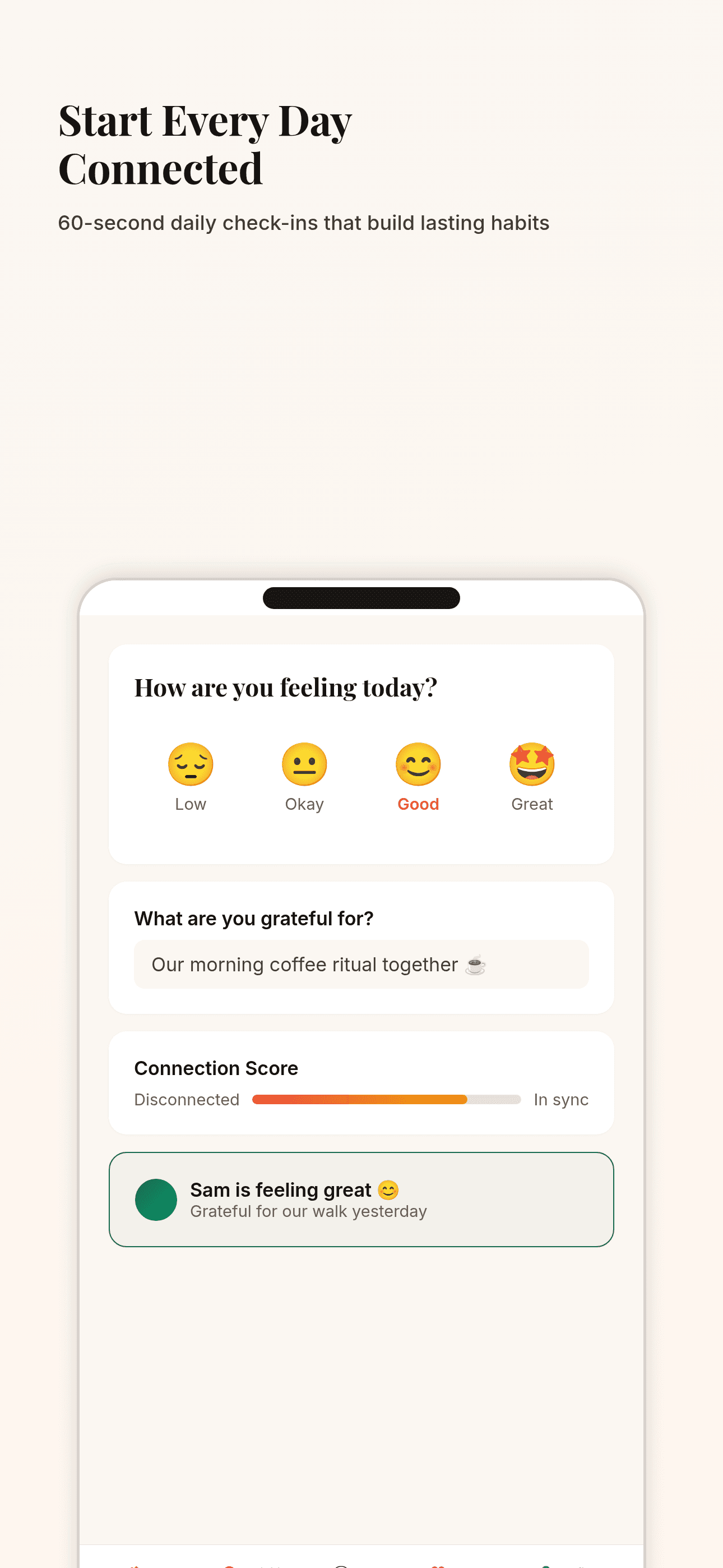 Daily check-in screen in the app
