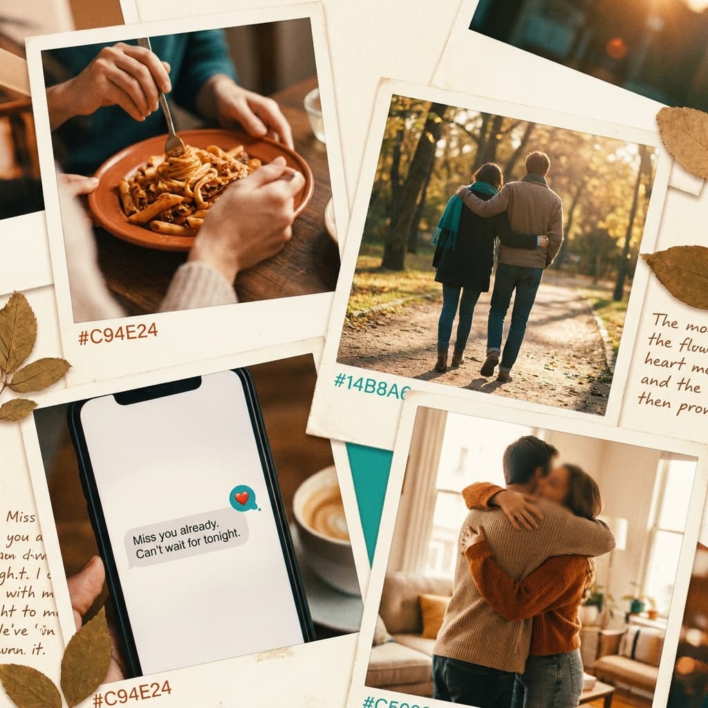 A warm collage of a couple's week — shared meals, walks, and small moments