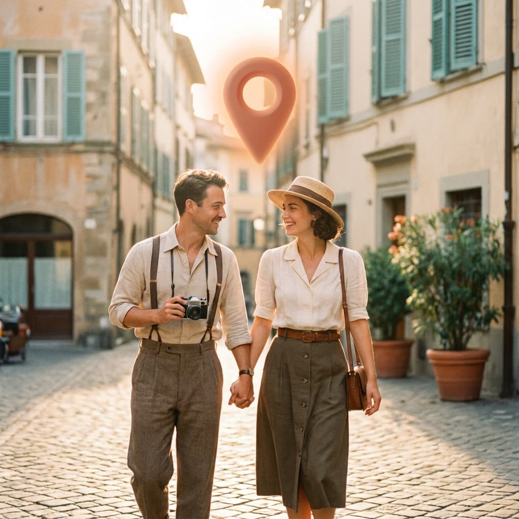 A couple exploring a city together with a glowing map location pin above them