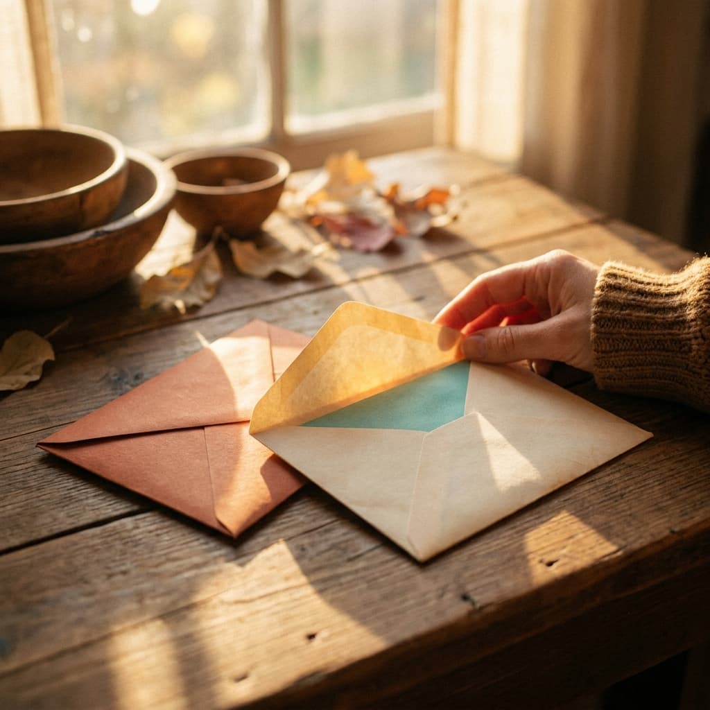 Two sealed envelopes, one terracotta and one cream, one beginning to open to reveal a soft glow