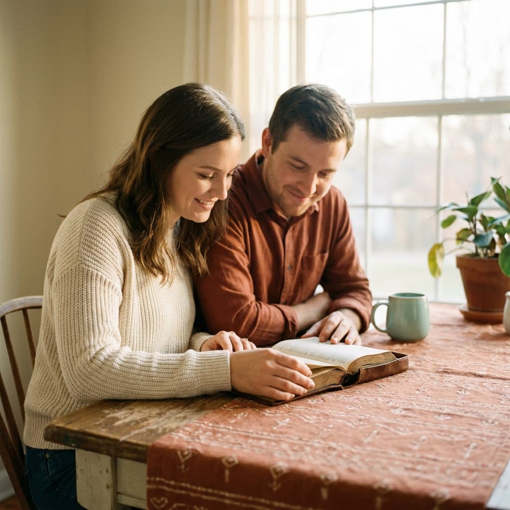A couple sitting close with an open book between them in warm reverent light