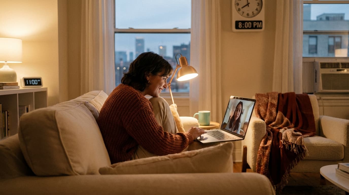 A couple holding phones across the miles, warmly lit — connected through Better Together