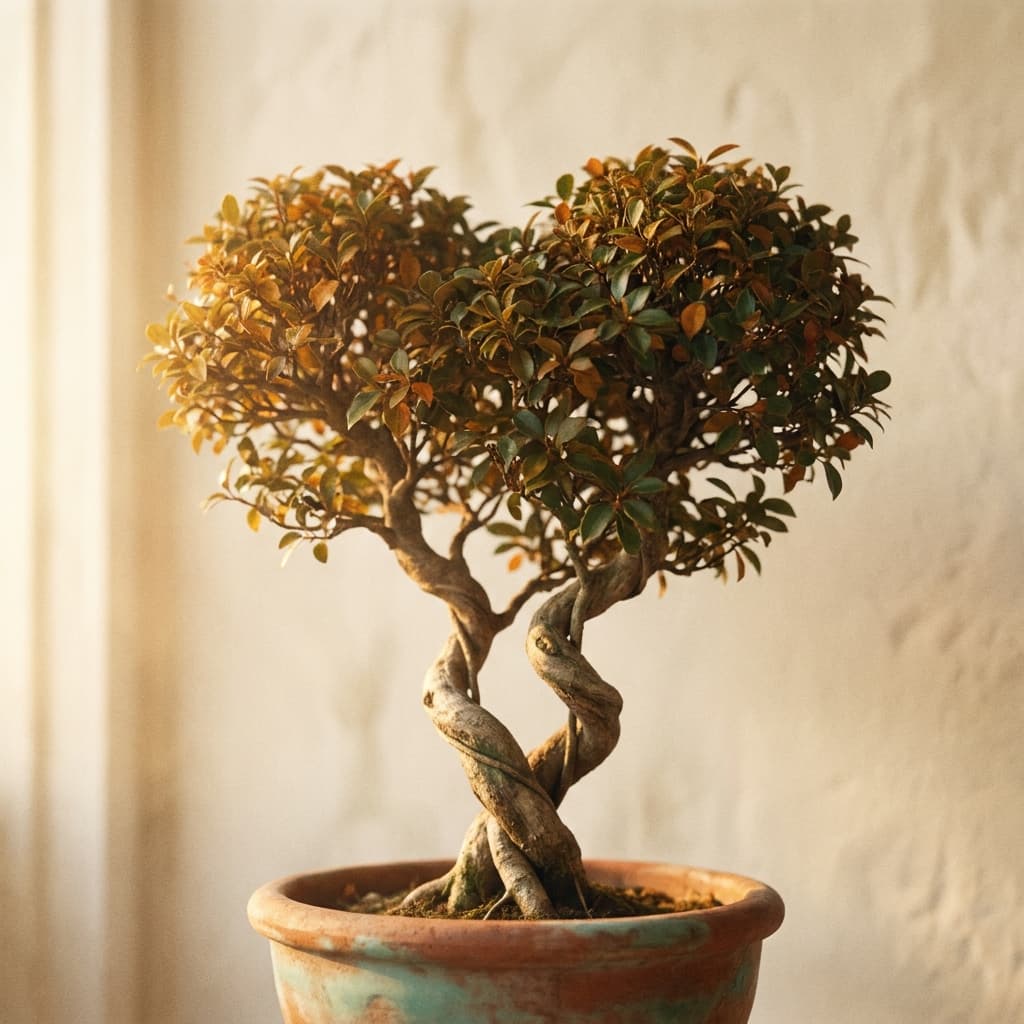 A bonsai tree with two intertwined trunks and a heart-shaped canopy in warm golden light