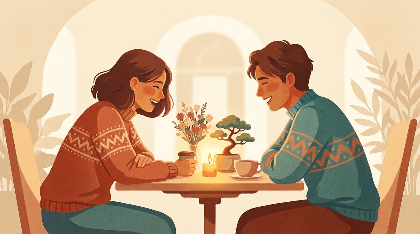 A couple on a tender candlelit date night with flowers and warm drinks between them, a small bonsai on the table