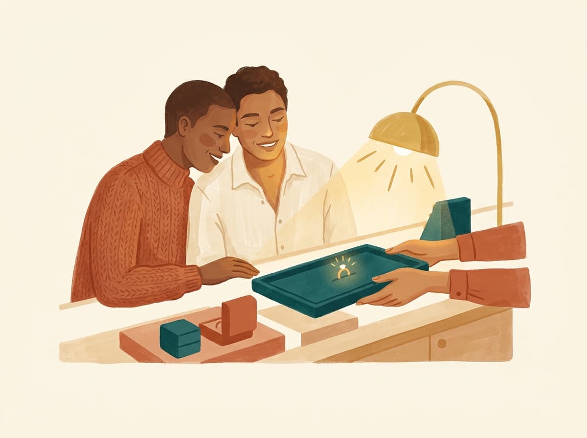 A couple admiring a glowing ring at a cozy jewelry counter under soft golden light