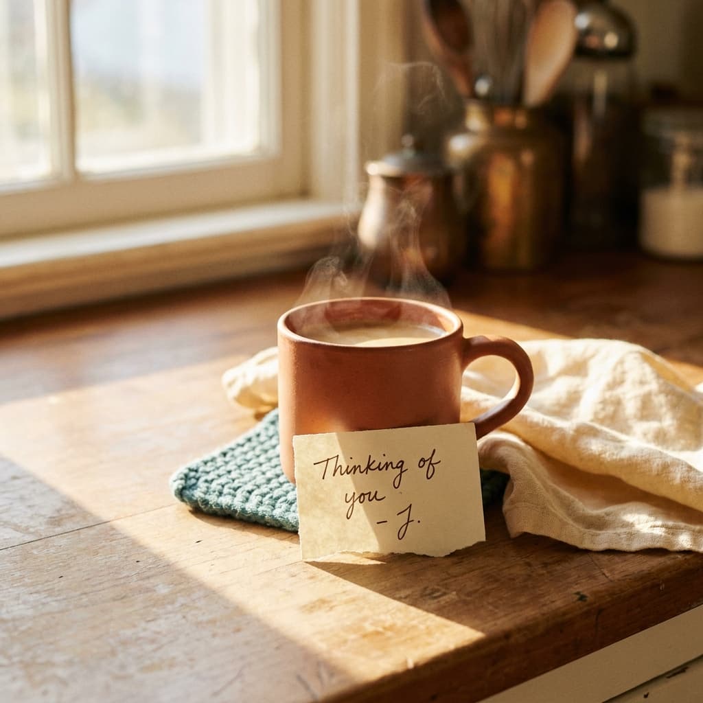 A freshly made cup of coffee with a handwritten love note beside it in morning light
