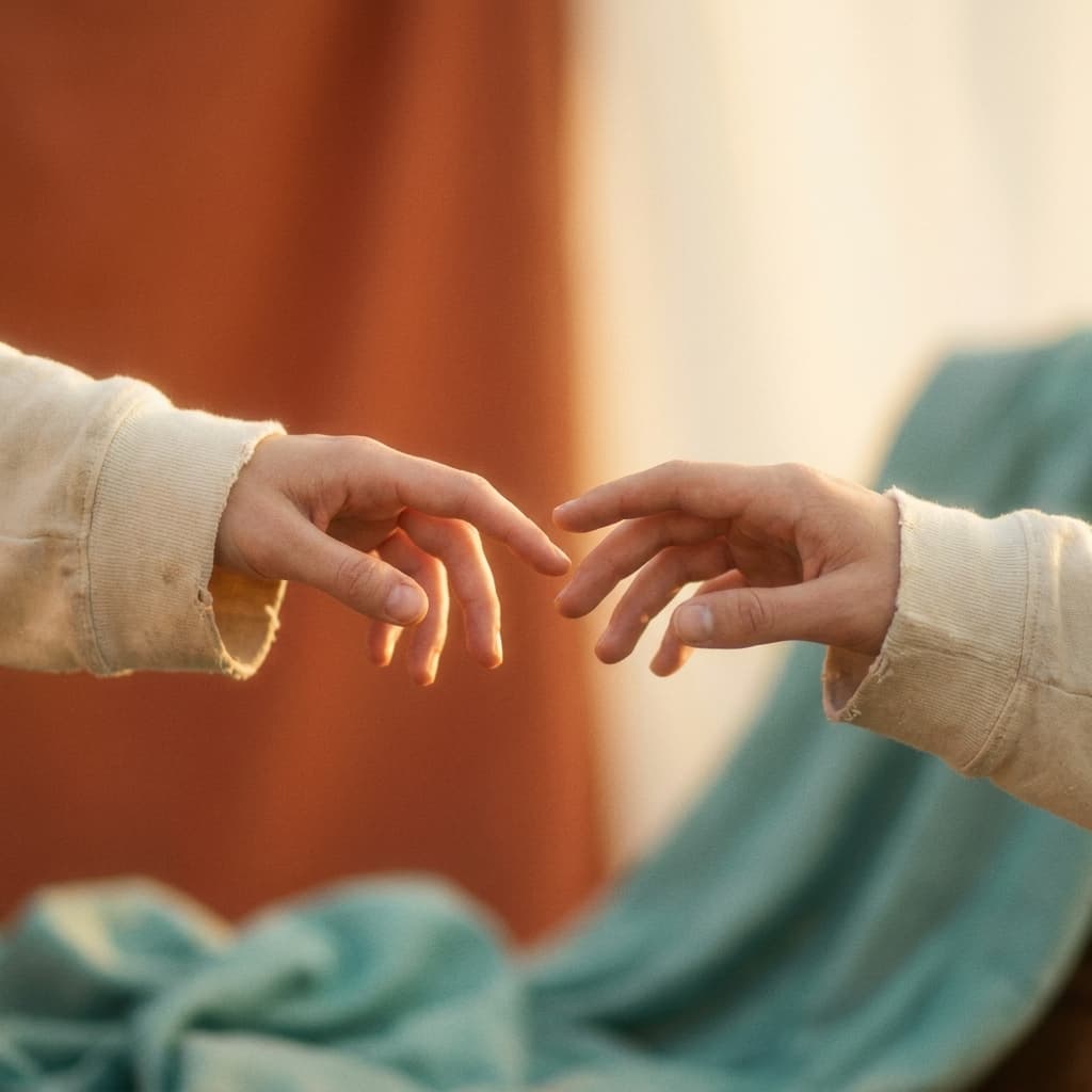 Two hands gently reaching toward each other against a soft calm gradient