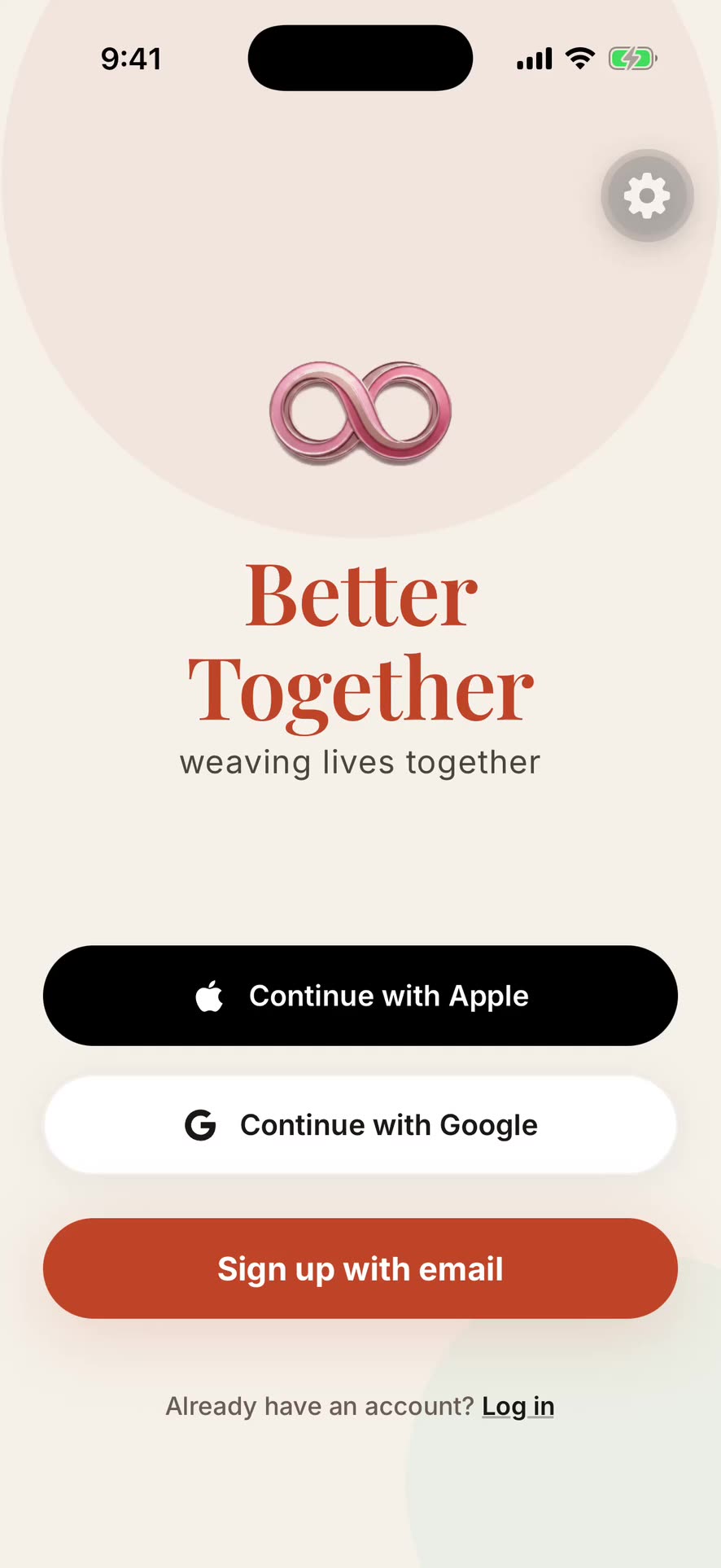 The Better Together welcome screen on iPhone — warm terracotta design inviting couples to connect